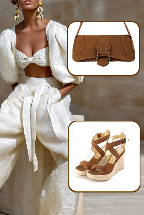 Women's caramel brown elegant fully open cross straps sandals. .  - Worn view
